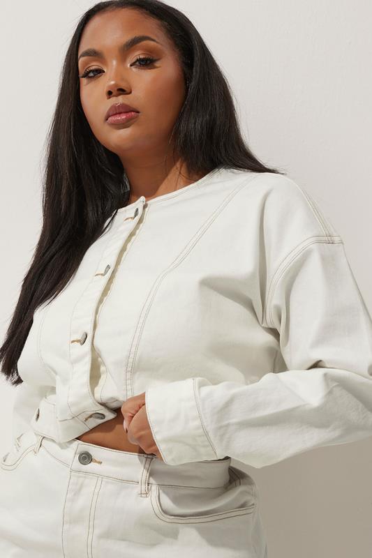 Evans LIMITED COLLECTION Curve Cream Denim Contrast Stitch Collarless Jacket