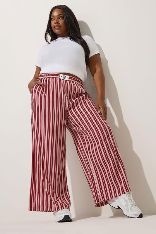 evans LIMITED COLLECTION Curve Dark Pink Stripe Boxer Waist Trousers