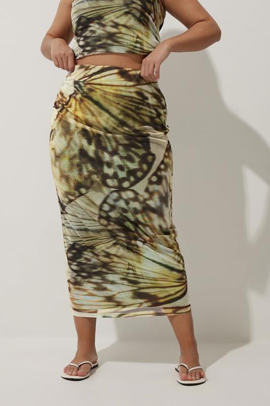 Evans LIMITED COLLECTION Curve Green Butterfly Mesh Midaxi Skirt