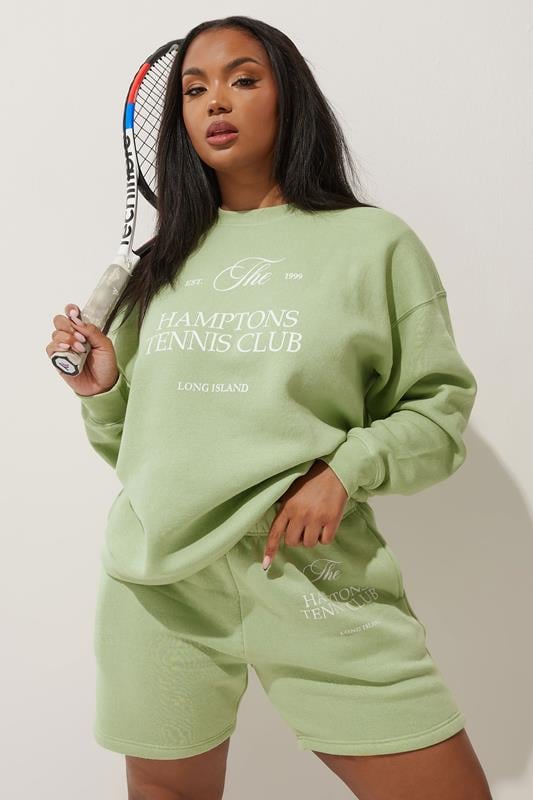 Evans LIMITED COLLECTION Curve Green 'Hamptons Tennis Club' Slogan Jogger Shorts