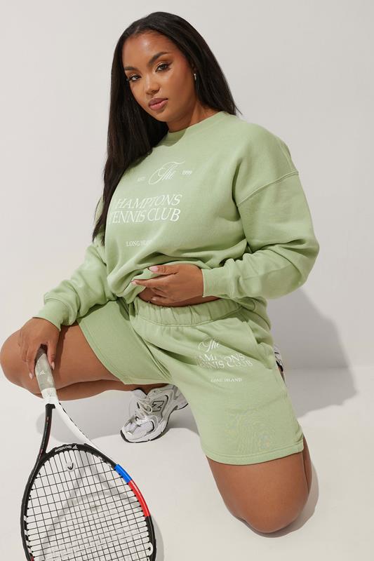 evans LIMITED COLLECTION Curve Green 'Hamptons Tennis Club' Slogan Jogger Shorts