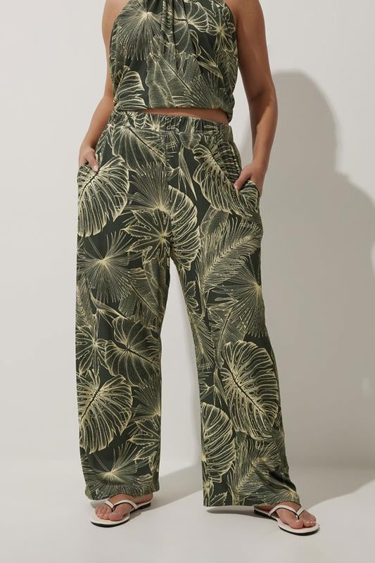 Evans LIMITED COLLECTION Curve Green Tropical Palm Print Wide Leg Trouser