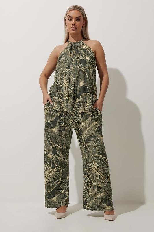 Evans LIMITED COLLECTION Curve Green Tropical Palm Print Wide Leg Trouser