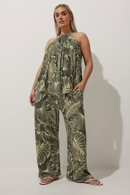evans LIMITED COLLECTION Curve Green Tropical Palm Print Wide Leg Trouser