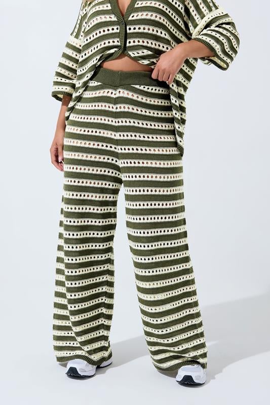 Evans LIMITED COLLECTION Curve Green & White Stripe Crochet Wide Leg Trousers