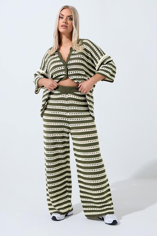 evans LIMITED COLLECTION Curve Green & White Stripe Crochet Wide Leg Trousers