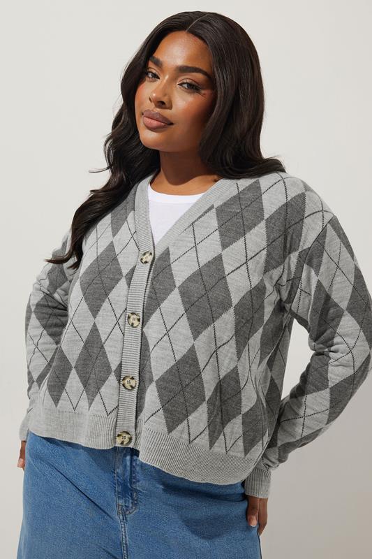 Evans LIMITED COLLECTION Curve Grey Argyle Knitted Cardigan