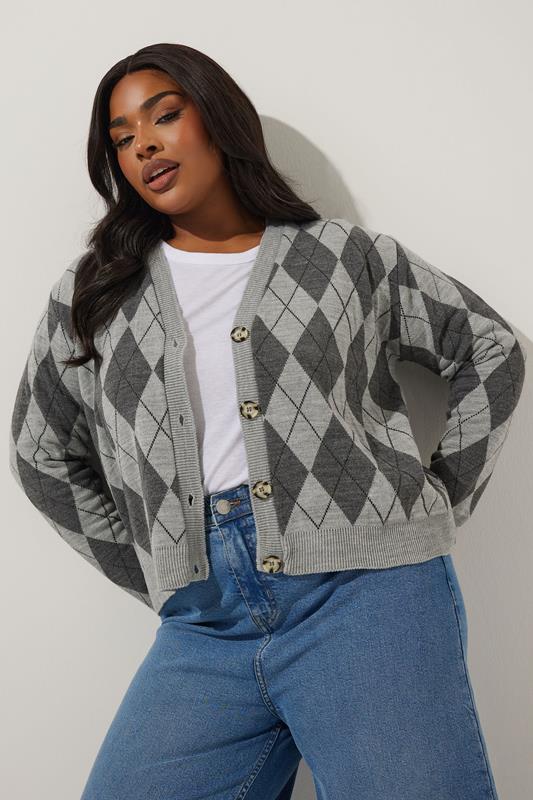 evans LIMITED COLLECTION Curve Grey Argyle Knitted Cardigan