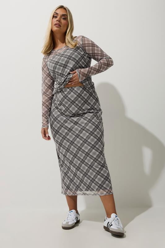 Evans LIMITED COLLECTION Curve Grey & Brown Check Print Mesh Midi Skirt