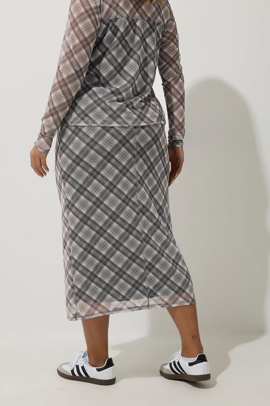 Evans LIMITED COLLECTION Curve Grey & Brown Check Print Mesh Midi Skirt