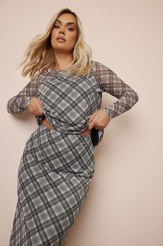 evans LIMITED COLLECTION Curve Grey & Brown Check Print Mesh Midi Skirt