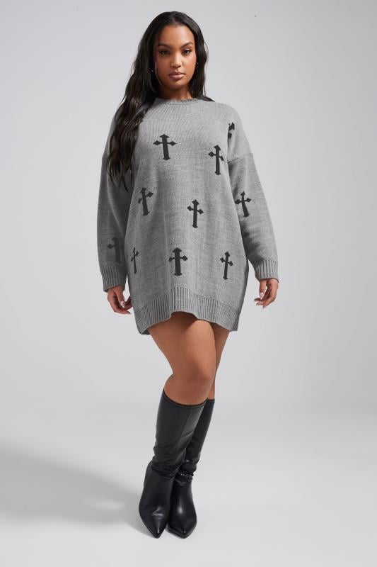 Evans LIMITED COLLECTION Curve Grey Cross Knitted Jumper