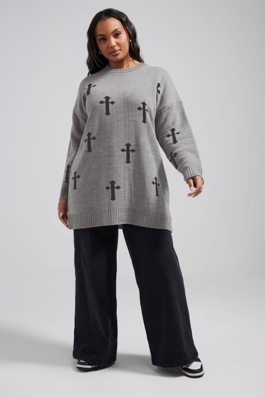 Evans LIMITED COLLECTION Curve Grey Cross Knitted Jumper