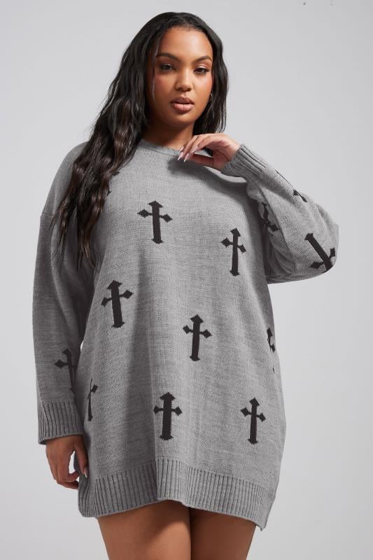 evans LIMITED COLLECTION Curve Grey Cross Knitted Jumper