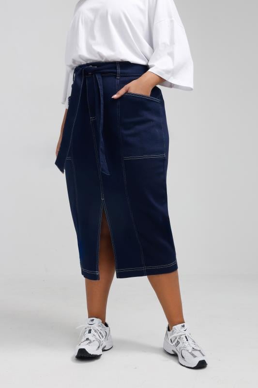 Evans LIMITED COLLECTION Curve Indigo Blue Contrast Stitch Denim Midi Skirt