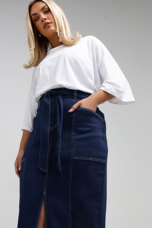 Evans LIMITED COLLECTION Curve Indigo Blue Contrast Stitch Denim Midi Skirt