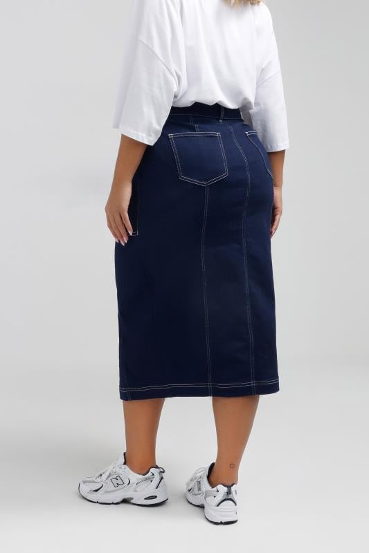 Evans LIMITED COLLECTION Curve Indigo Blue Contrast Stitch Denim Midi Skirt