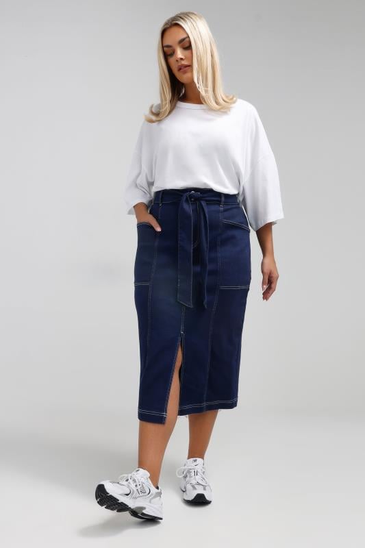 evans LIMITED COLLECTION Curve Indigo Blue Contrast Stitch Denim Midi Skirt