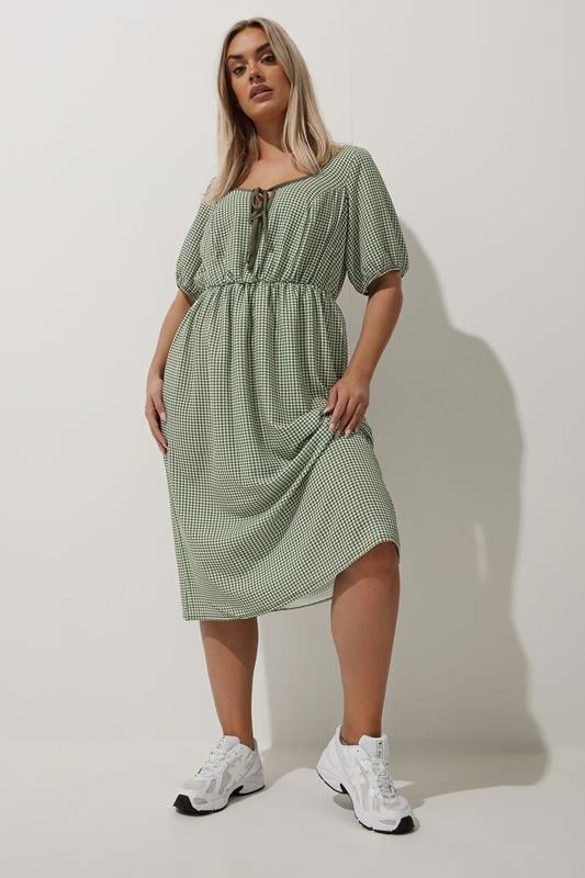 Evans LIMITED COLLECTION Curve Khaki Green Check Bow Front Midi Dress