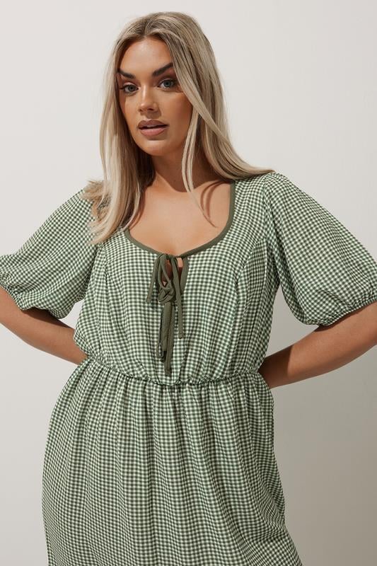 Evans LIMITED COLLECTION Curve Khaki Green Check Bow Front Midi Dress