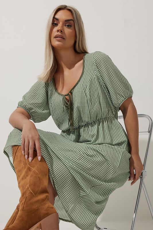 evans LIMITED COLLECTION Curve Khaki Green Check Bow Front Midi Dress