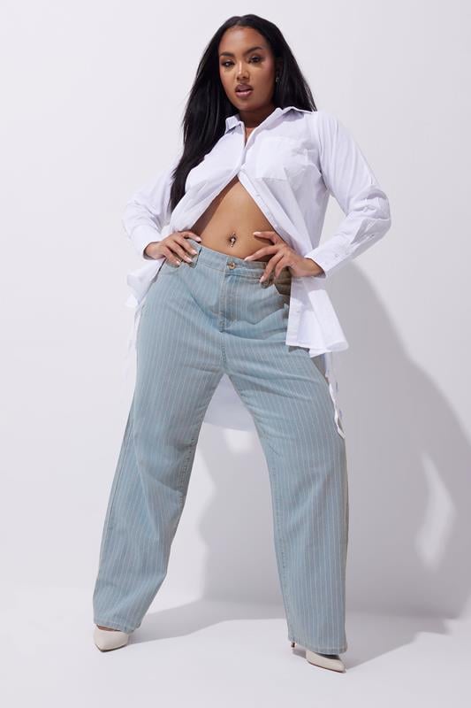 evans LIMITED COLLECTION Curve Light Blue Pinstripe Wide Leg Jeans