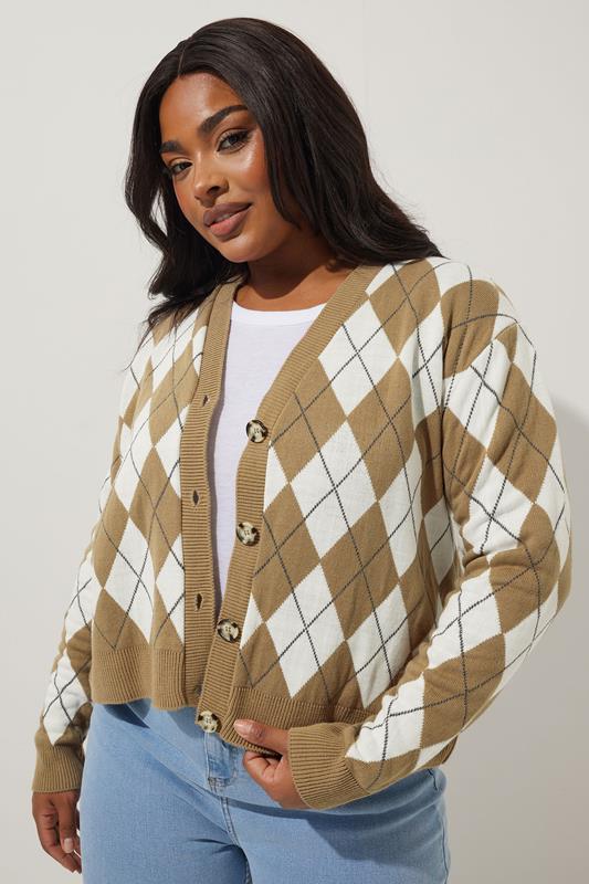 Evans LIMITED COLLECTION Curve Natural Brown Argyle Knitted Cardigan