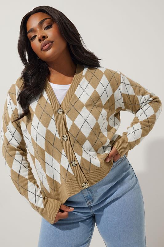 evans LIMITED COLLECTION Curve Natural Brown Argyle Knitted Cardigan