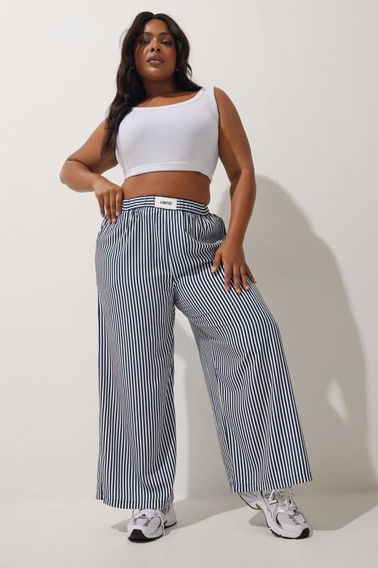 Evans LIMITED COLLECTION Curve Navy Blue Stripe Boxer Waist Trousers