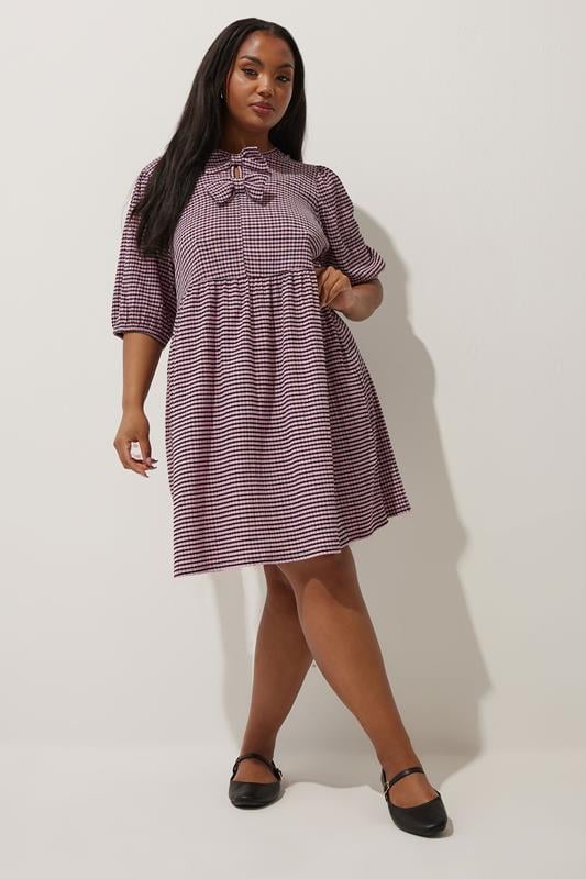 Evans LIMITED COLLECTION Curve Pink Gingham Textured Bow Front Mini Dress