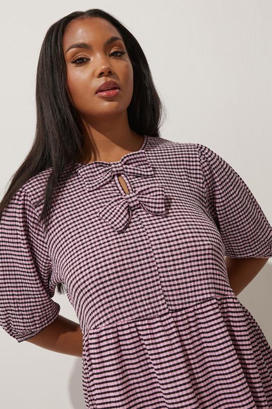 Evans LIMITED COLLECTION Curve Pink Gingham Textured Bow Front Mini Dress