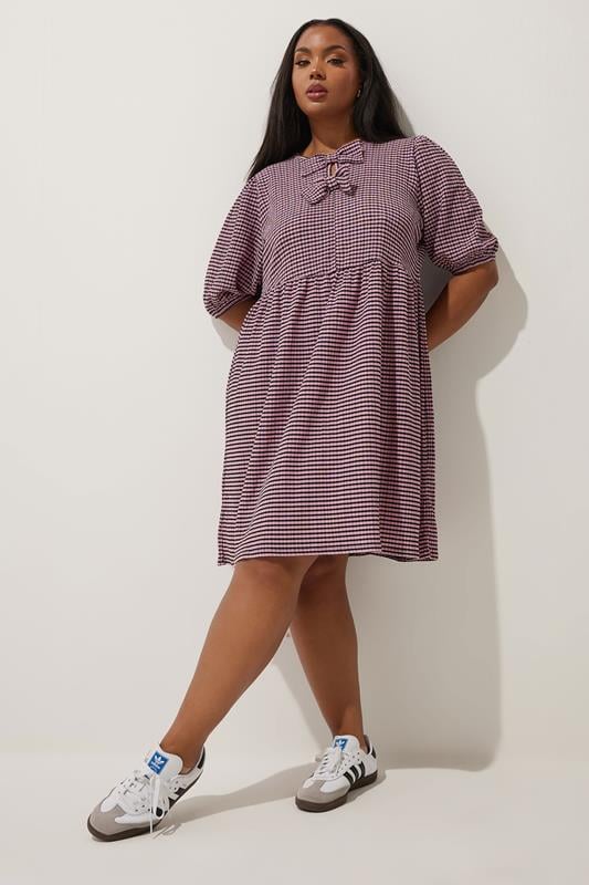 evans LIMITED COLLECTION Curve Pink Gingham Textured Bow Front Mini Dress