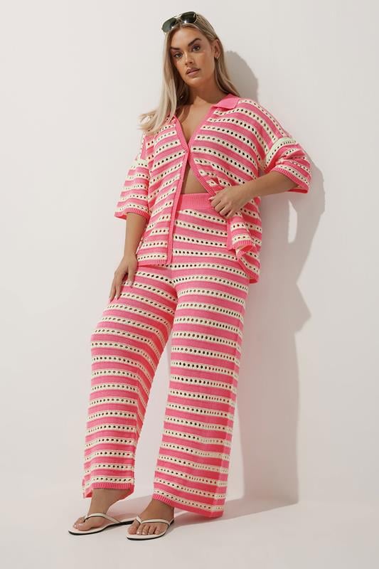 Evans LIMITED COLLECTION Curve Pink & White Stripe Crochet Wide Leg Trousers