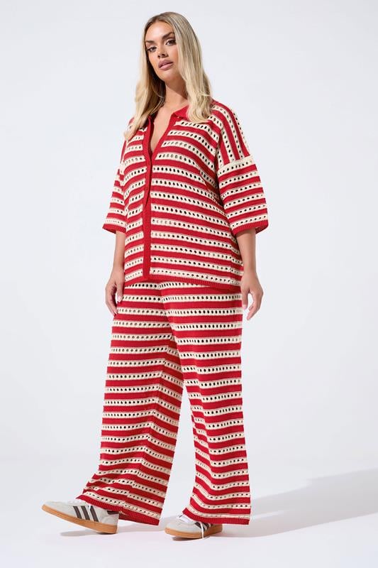 evans LIMITED COLLECTION Curve Red & White Stripe Crochet Wide Leg Trousers