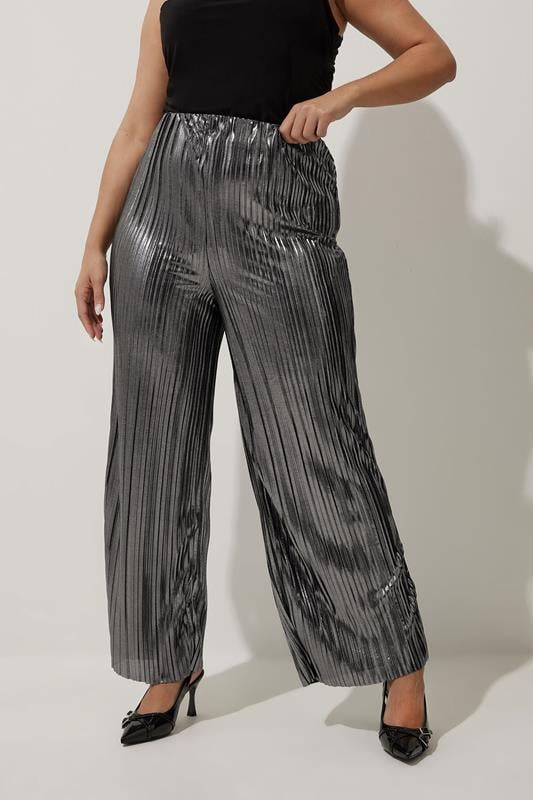 Evans LIMITED COLLECTION Curve Silver Metallic Plisse Trousers