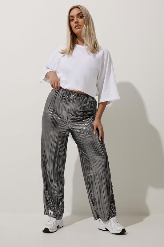 Evans LIMITED COLLECTION Curve Silver Metallic Plisse Trousers