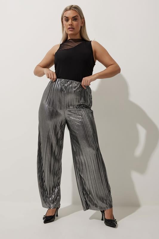 evans LIMITED COLLECTION Curve Silver Metallic Plisse Trousers