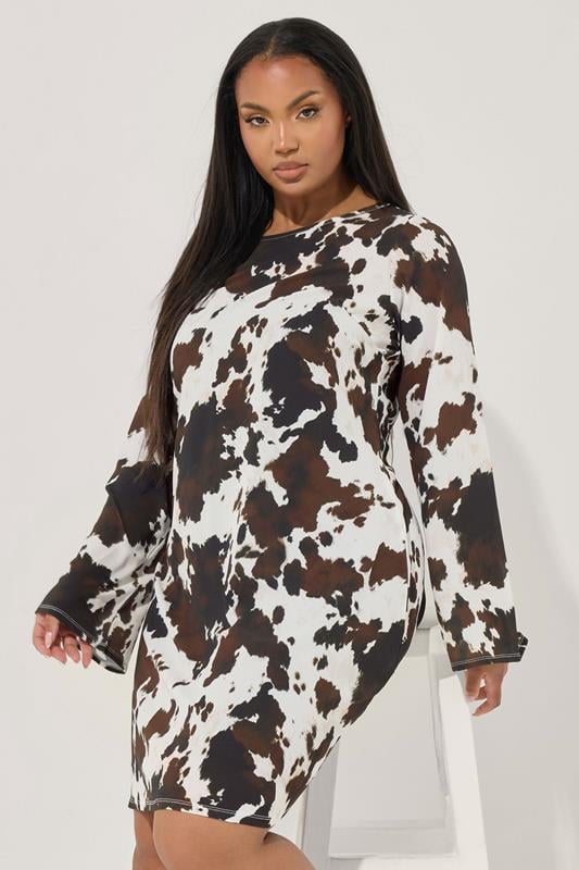 evans LIMITED COLLECTION Curve White & Brown Cow Print Mini Dress