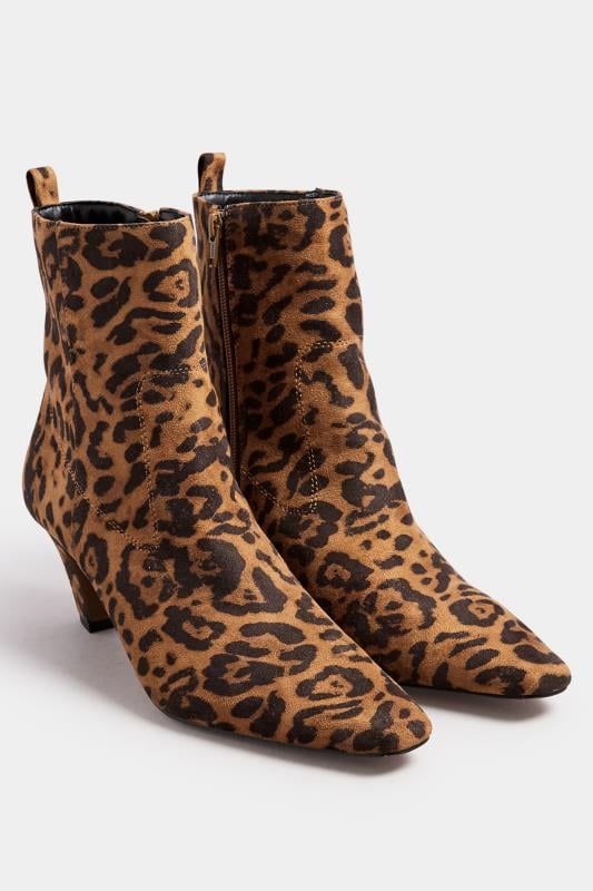 Evans LTS Beige Brown Leopard Faux Suede Heeled Ankle Boot In Standard Fit