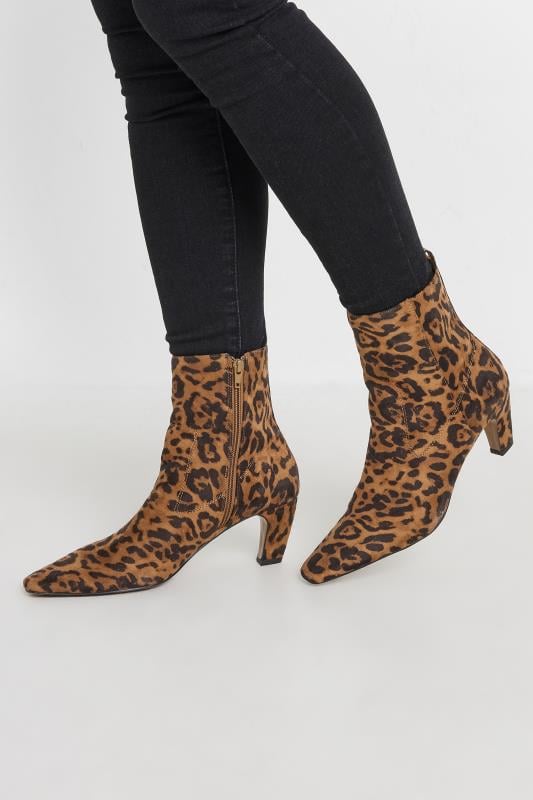 evans LTS Beige Brown Leopard Faux Suede Heeled Ankle Boot In Standard Fit