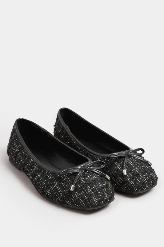 Evans LTS Black Boucle Tweed Ballerina Pumps In Standard Fit