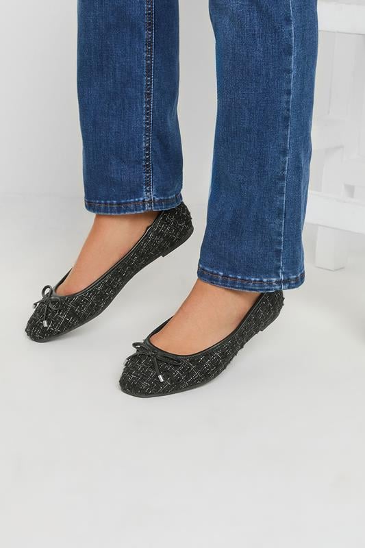 evans LTS Black Boucle Tweed Ballerina Pumps In Standard Fit