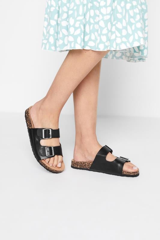 evans LTS Black Buckle Strap Footbed Sandals In Standard Fit