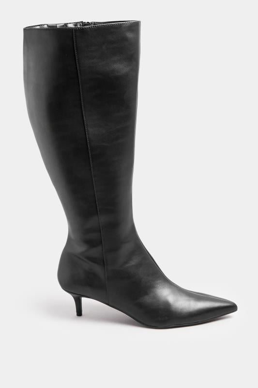 Evans LTS Black Faux Leather Knee High Heeled Boots In Standard Fit