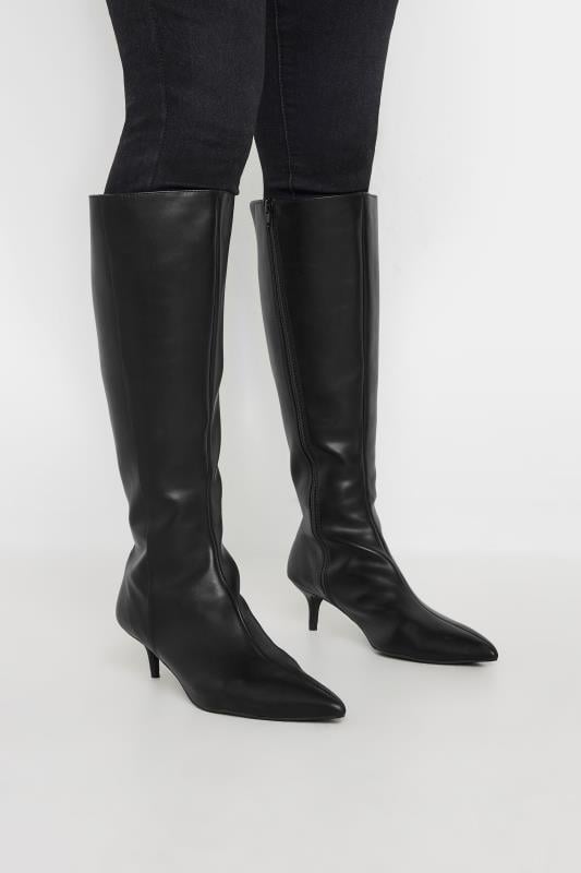 evans LTS Black Faux Leather Knee High Heeled Boots In Standard Fit
