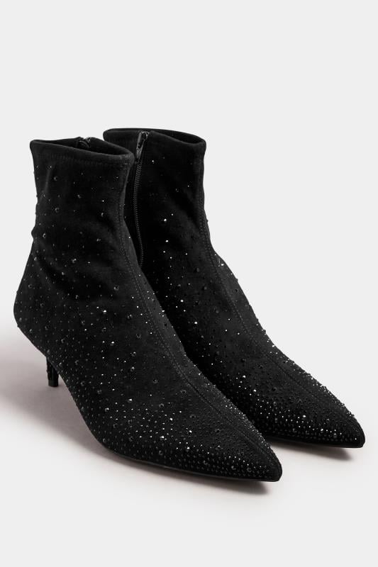 Evans LTS Black Faux Suede Diamante Kitten Heeled Boots In Standard Fit
