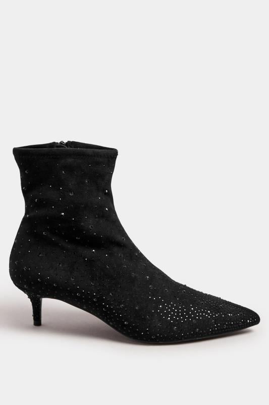 Evans LTS Black Faux Suede Diamante Kitten Heeled Boots In Standard Fit