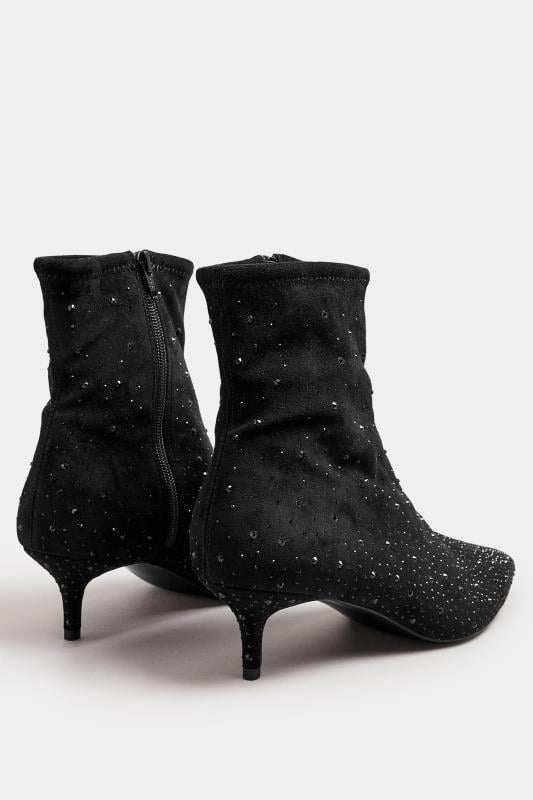Evans LTS Black Faux Suede Diamante Kitten Heeled Boots In Standard Fit