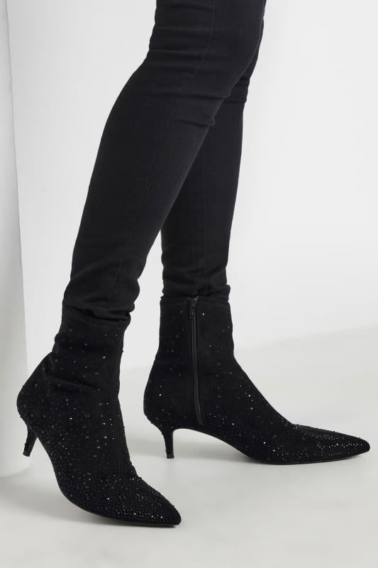 evans LTS Black Faux Suede Diamante Kitten Heeled Boots In Standard Fit