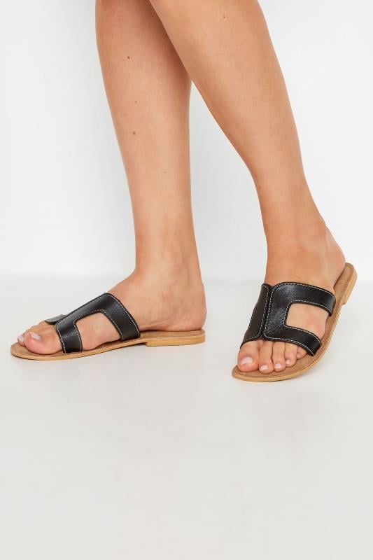 Evans LTS Black Leather Cut Out Mule Sandals In Standard Fit